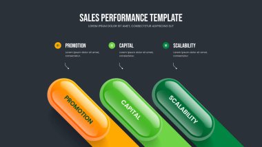 Görsel Strateji Sunumu Tasarım Vektörü İllüstrasyonu. Hizmet Performansı Üç Adım Bilgisel Çerçeve Düzeni. Finansal Görselleştirme 3 Element Diyagramı Slayt Gösterimi Şablonu.