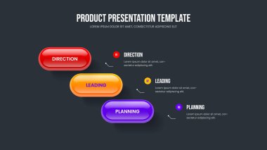 Enterprise Insight Slayt Düzeni Vektör İllüstrasyonu. Mali Yenilik 3 Adım Infographic Slayt Gösterisi Şablonu. Piyasa Fırlatma Üç Element Diyagram Tasarımı.