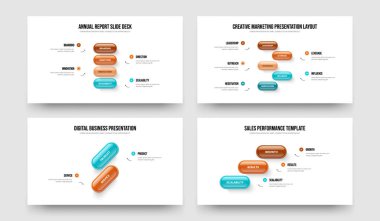 Yaratıcı Çözüm 4-5-2-3 Element Bilgi Sunumu Şablon Vektör İllüstrasyon Paketi. Profesyonel Strateji 4523 Seçenek Slayt Düzeni Koleksiyonu.