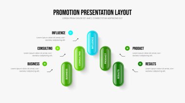 Reklamcılık Slayt Gösterisi Şablonu Vektör İllüstrasyonu. Finansal Analiz Beş Adım Diyagram Düzenleme. Yaratıcı Brifing 5 Element Bilgisel Slayt Tasarımı.