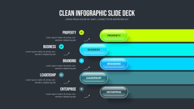 Girişim Beş Adım Diyagram Kaydırma Şablonu. Pazarlama Hava Durumu Sunumu Tasarım Vektörü İllüstrasyonu. Piyasa Kampanyası 5 Element Bilgisel Çerçeve Düzeni.