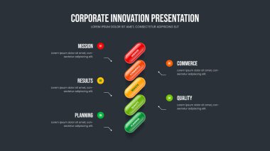 Satış Analizi Beş Element Diyagramı Kaydırma Şablonu. Business Innovation 5 Option Infographic Slayt Gösterisi Tasarımı. Girişim Stratejisi Sunum Düzeni Vektör İllüstrasyonu.