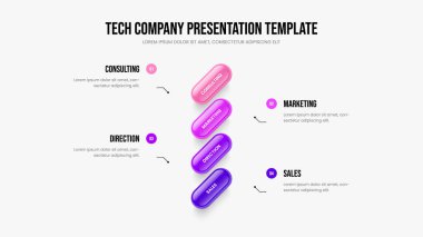 Kurumsal Analiz Sunum Düzeni Vektör İllüstrasyonu. Ürün Insight 4 Element Diyagram Slayt Şablonu. Atılgan 'ın Dört Adım Bilgi Kaydırma Tasarımı.