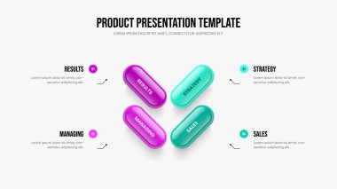 Piyasa Tanıtımı Dört Adım Bilgisel Sunum Şablonu. Görsel Teklif 4 Element Diyagram Çerçeve Tasarımı. Şirket Gösterisi Slayt Düzeni Vektör İllüstrasyonu.