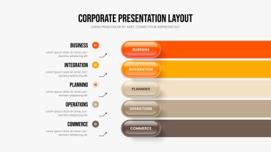 Enterprise Review Beş Adım Diyagram Kaydırma Düzeni. Yaratıcı Performans 5 Seçenek Infographic Frame Şablonu. Görsel Gösteri Sunumu Tasarım Vektörü İllüstrasyonu.
