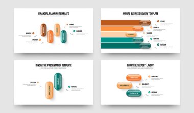 Şirket Teklifi 4523 Adım Diyagram Sunum Şablonu Paketi. Görsel Planlama 4-5-2-3 Seçenek Slayt Düzeni Vektör Çizimi.