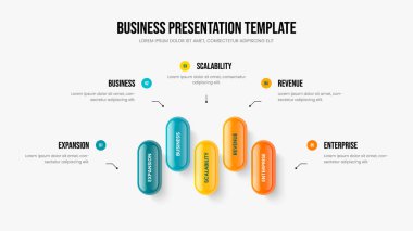 Reklam Performansı 5 Element Infographic Slayt Gösterisi Düzeni. Şirket Planlama Beş Adım Diyagram Kaydırma Şablonu. Atılgan Hava Durumu Sunumu Tasarım Vektörü İllüstrasyonu.