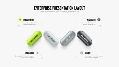 Proje İçgörü 4 Element Diyagramı Sunum Şablonu. Dijital Hava Gösterisi Slayt Gösterisi Vektör İllüstrasyonu. Servis Profili Dört Seçenek Bilgi Çerçeve Tasarımı.