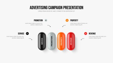 Ürün Görselleştirme Dört Element Diyagram Slayt Gösterisi Düzeni. Profesyonel Planlama 4 Seçenek Bilgi Sunumu Tasarımı. Danışmanlık Hava Durumu Kaydırma Şablonu Vektör İllüstrasyonu.
