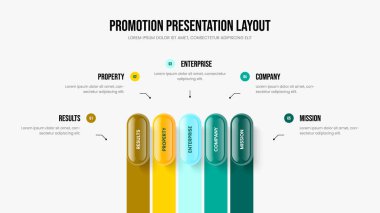 Kurumsal Fırlatma Beş Element Bilgi Slayt Gösterisi Şablonu. Satış Tahmini Sunum Düzeni Vektör İllüstrasyonu. Girişim Planı 5 Adım Diyagram Tasarımı.