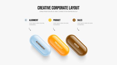Reklam Çözümü 3 Element Bilgi Slayt Gösterisi Düzeni. İş Profili Üç Adım Diyagram Kaydırma Şablonu. Şirket İçgörü Çerçeve Tasarım Vektörü İllüstrasyonu.