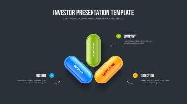 Finansal İnceleme Üç Element Slayt Gösterisi Tasarımı. Görsel Strateji Sunumu Vektör İllüstrasyonu. Profesyonel Çözüm 3 Seçenek Diyagram Şablonu.