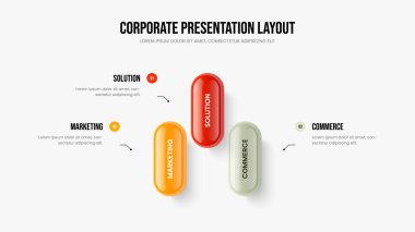 Şirket Geliştirme 3 Seçenek Diyagramı Sunum Tasarımı. Pazarlama Çözümü Üç Adım Bilgi Şablonu. Profesyonel Teklif Kaydırma Düzeni Vektör İllüstrasyonu.