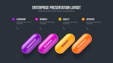 Yaratıcı Görselleştirme Çerçevesi Vektör İllüzyonu. Satış Raporu 4 Element Bilgi Slayt Gösterisi Tasarımı. Yatırımcı Giriş Dört Adım Diyagramı Kaydırma Şablonu.