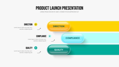 Atılgan Brifing 3 Seçenek Diyagram Düzenleme. Kurumsal Çözüm 3 Element Bilgi Kaydırma Tasarımı. İş Kampanyası Slayt Gösterisi Şablonu Vektör İllüstrasyonu.