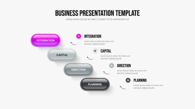 Pazarlama Raporu Dört Seçenek Slayt Şablonu. Piyasa Profili 4 Element Bilgi Kaydırma Tasarımı. Satış Performans Çerçeve Düzeni Vektör İllüstrasyonu.