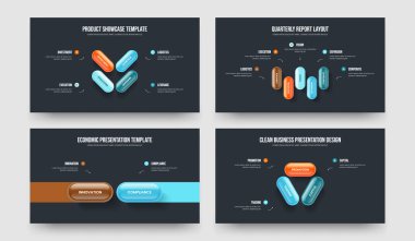 Pazarlama İncelemesi 4523 Adım Tanıtım Şablonu Koleksiyonu. Reklam Çözümü 4-5-2-3 Seçenek Slayt Tasarım Vektörü Çizim Paketi.