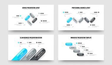 Proje İçgörü 4534 Adım Diyagram Sunum Şablonu Koleksiyonu. Piyasa Fırlatma 4-5-3-4 Seçenek Slayt Tasarım Vektörü İllüstrasyonu.