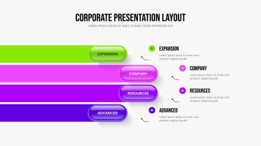 Pazarlama Genel Görünümü Sunum Düzeni Vektör İllüstrasyonu. Şirket Performansı Dört Adım Bilgi Şablonu. Girişim Planı 4 Seçenek Diyagram Kaydırma Tasarımı.