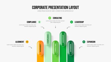 Piyasa Profili Slayt Şablonu Vektör İllüstrasyonu. Proje Portföy Beş Element Diyagramı Sunum Düzeni. Kurumsal Büyüme 5 Seçenek Bilgisel Slayt Tasarımı.