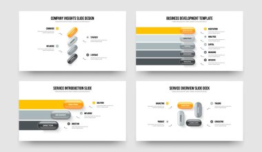 Yatırımcı Çözümü 4-5-3-4 Element Diyagramı Sunum Tasarım Vektör İllüstrasyon Koleksiyonu. Şirket Planlama 4534 Seçenek Slayt Gösterisi Düzeni Paketi.