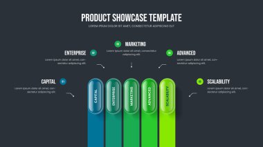 Finansal Fırlatma Şablonu Vektör İllüzyonu. Kurumsal Portföy 5 Seçenek Bilgisel Sunum Düzeni. Reklam Çözümü Beş Adım Diyagram Çerçeve Tasarımı.