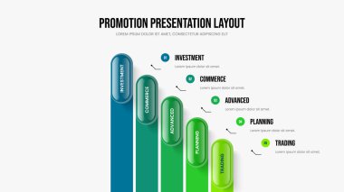 Modern Strateji Beş Element Diyagram Slayt Gösterisi Tasarımı. Yatırımcı Analizi Çerçeve Düzeni Vektör İllüstrasyonu. Profesyonel Büyüme 5 Adım Bilgisel Sunum Şablonu.