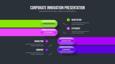 Yaratıcı Fırlatma Dört Element Bilgisel Sunum Düzeni. İş Stratejisi Kaydırma Şablonu Çizimi. Dijital İnceleme 4 Adım Diyagram Tasarımı.