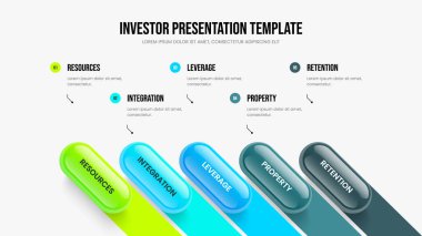 Yaratıcı Brifing 5 Seçenek Bilgi Şablonu. Atılgan Gözden Geçir Beş Adım Diyagram Sunum Tasarımı. Yatırımcı Performans Slayt Düzeni Vektör İllüstrasyonu.