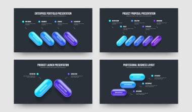 Pazarlama Gözden Geçirmesi 4523 Adım Slayt Gösterisi Yerleşimi. Şirket Showcase 4-5-2-3 Element Diyagram Kaydırma Şablonu Vektör Resimleme Koleksiyonu.
