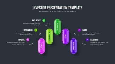 Kurumsal Büyüme Slayt Gösterisi Tasarım Vektörü İllüstrasyonu. Proje Portföy Beş Adım Bilgi Kaydırma Planı. Satışlar Genel Görünüm 5 Element Diyagramı Sunum Şablonu.