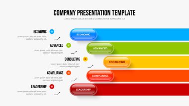 Yatırımcı Raporu Beş Adım Diyagram Kaydırma Tasarımı. Satış İncelemesi 5 Seçenek Slayt Gösterisi Şablonu. İş Profili Çerçeve Düzeni Vektör İllüstrasyonu.