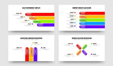 Business Review 4534 Adım Infographic Slayt Tasarım Paketi. Servis İcat 4-5-3-4 Element Diyagramı Sunum Düzeni Vektör Çizimi.