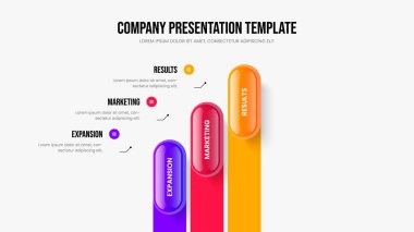 Kurumsal Brifing Üç Element Bilgi Slayt Gösterisi Tasarımı. Ürün Geliştirme 3 Adım Diyagram Şablonu. Yaratıcı Öngörü Slayt Düzeni Vektör İllüstrasyonu.