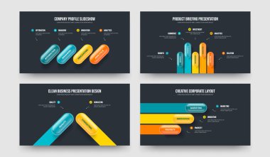 Finansal İnceleme 4-5-2-3 Element Bilgi Slaytı Slayt Gösterisi Vektör Çizimi Koleksiyonu. Yatırımcı İçgörüsü 4523 Seçenek Diyagramı Sunum Tasarımı.