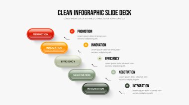 Pazar Gözden Geçirme Şablonu Vektör İllüstrasyonu. Yatırımcı Giriş Beş Adım Bilgi Slayt Gösterisi Düzeni. Kurumsal Gösteri 5 Seçenek Diyagramı Sunum Tasarımı.