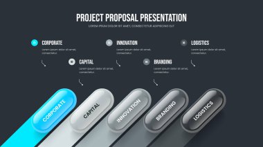 Ürün Planlama Slayt Şablonu Şablon İllüstrasyonu. Proje Analizi Beş Seçenek Bilgi Kaydırağı Tasarımı. İş Profili 5 Adım Diyagram Sunum Düzeni.