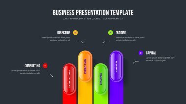 Servis Brifingi 4 Adım Diyagram Şablonu. Enterprise Kampanyası Sunum Tasarım Vektörü İllüstrasyonu. Görsel Performans Dört Seçenek Slayt Gösterisi Düzeni.