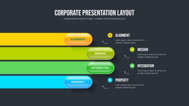 Danışmanlık Performans Dört Adım Bilgisel Sunum Şablonu. Satış Kampanyası 4 Seçenekli Diyagram Slayt Gösterisi Düzeni. Şirket Planı Çerçeve Tasarım Vektörü İllüstrasyonu.