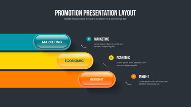 Şirket Gözden Geçirmesi Üç Element Bilgi Kaydırma Şablonu. Projeyi Çalıştır Slayt Gösterisi Düzeni Vektör İllüstrasyonu. Ürün Portföyü 3 Adım Diyagram Tasarımı.
