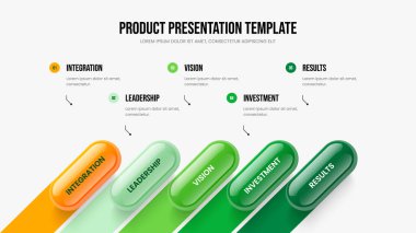 Modern Görselleştirme Beş Seçenek Diyagram Düzeni. Reklamcılık Slayt Gösterisi Şablonu Vektör İllüstrasyonu. Şirket Planı 5 Adım Bilgisel Slayt Tasarımı.