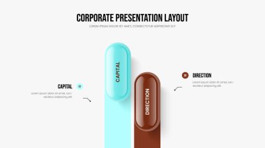 İş Raporu Slayt Tasarım Vektörü İllüstrasyonu. Görsel tahmin 2 Seçenek Diyagram Şablonu. Servis Tanıtımı İki Element Bilgi Sunumu Düzeni.
