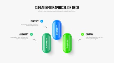 Ürün Şovu 3 Element Diyagramı Şablonu. Atılgan Stratejisi 3 Seçenek Bilgi Sunumu Tasarımı. Profesyonel Büyüme Slayt Gösterisi Düzeni Vektör İllüstrasyonu.
