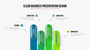 Satış Raporu Sunum Düzeni Vektör İllüstrasyonu. Pazarlama Stratejisi Dört Element Bilgi Slayt Gösterisi Şablonu. Ürün Brifingi 4 Seçenek Diyagram Tasarımı.