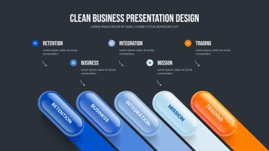 Reklam Geliştirme 5 Seçenek Bilgi Çerçeve Tasarımı. Şirket Performans Kaydırma Şablonu Vektör İllüstrasyonu. Profesyonel Bakış Beş Adım Diyagram Slayt Gösterisi Düzeni.