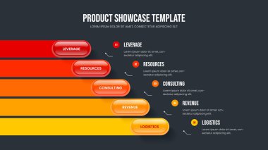 Satış Raporu 5 Element Bilgi Slayt Gösterisi Tasarımı. Yatırımcı Büyüme Kaydırak Düzeni Vektör İllüstrasyonu. Modern Tahmin Beş Adım Diyagram Şablonu.