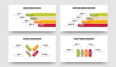Görsel Showcase 4 Adım Diyagram Sunum Şablonu Koleksiyonu. Finansal Analiz Dört Element Bilgi Slaytı Slayt Gösterisi Tasarım Vektörü İllüstrasyon Paketi.