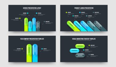 İş Fırlatma 4523 Seçenek Diyagramı Sunum Tasarımı Seti. Görsel Analiz 4-5-2-3 Element Bilgi Kaydırma Şablonu Çizim Paketi.