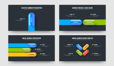 Satış İncelemesi 1234 Seçenek Diyagram Slayt Tasarım Seti. Ürün Geliştirme 1-2-3-4 Element Bilgi Slayt Gösterisi Vektör Çizim Paketi.