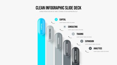 Yatırımcı Planlama Beş Basamaklı Diyagram Slayt Gösterisi Düzeni. Ürün Şovu 5 Element Bilgi Sunumu Tasarımı. Proje İcat Kaydırma Şablonu Vektör İllüstrasyonu.